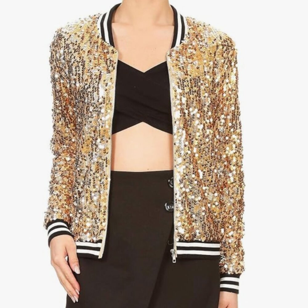 Anna-Kaci Womens Sequin Jacket Bomber Coat